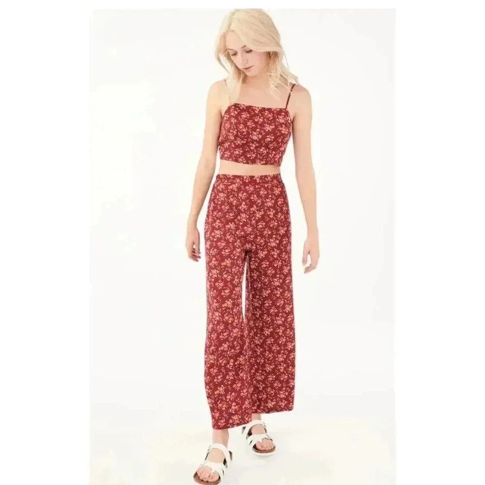 Floral Red Crop Top & High Waisted Pants Set Boho Festival Aeropostale Size M